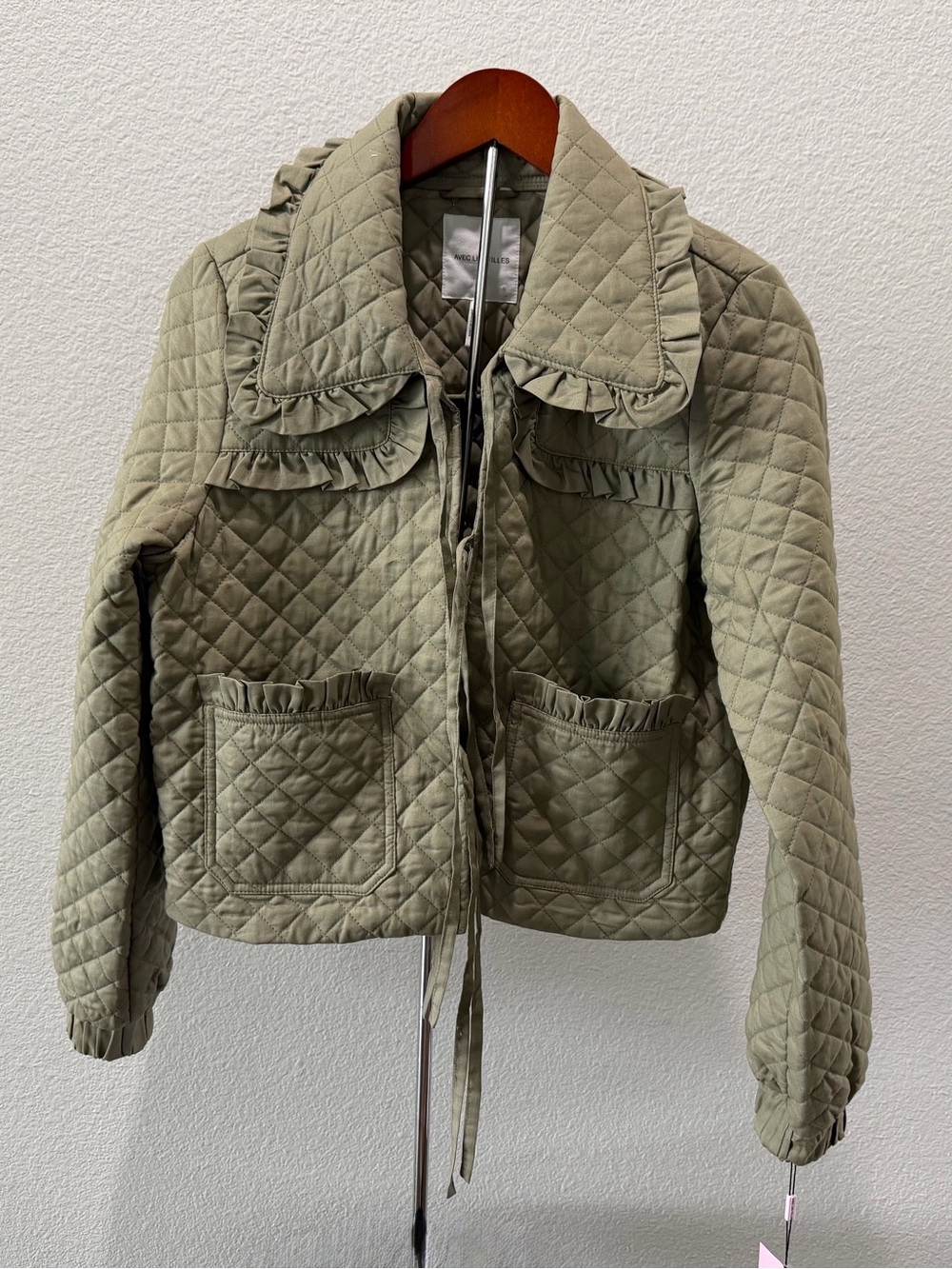 Avec Les Filles Olive Quilted Ruffle-Trim Utility Jacket